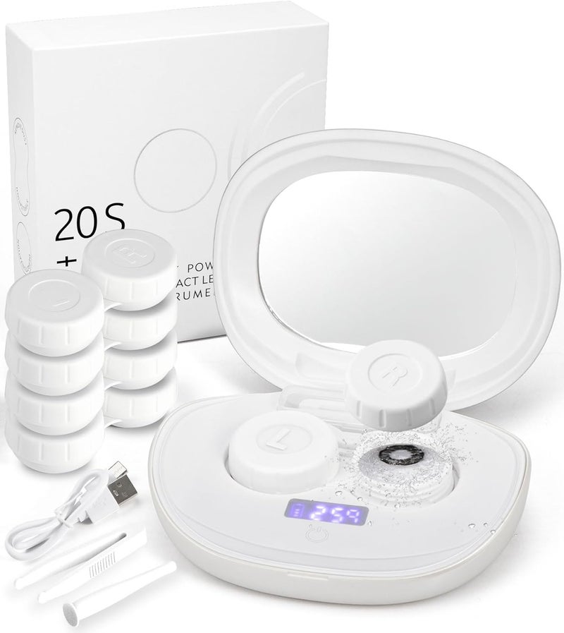 ofone Contact Lens Cleaner, Ultrasonic Contact Lens Cleaning Machine with USB Charger, Timer Display and 5 Contact Solution Cases Kit Replacement for Soft Hard Colored RGP Lenses (White) - Image 1